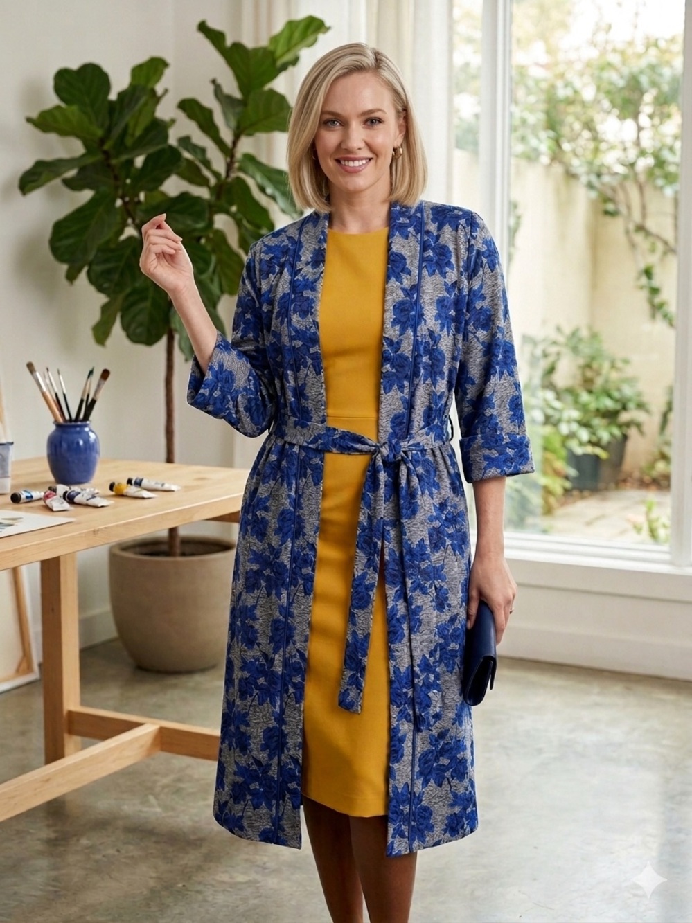 Gabrielle Union Collection Blue Floral Jacquard Duster‎ Cardigan size S